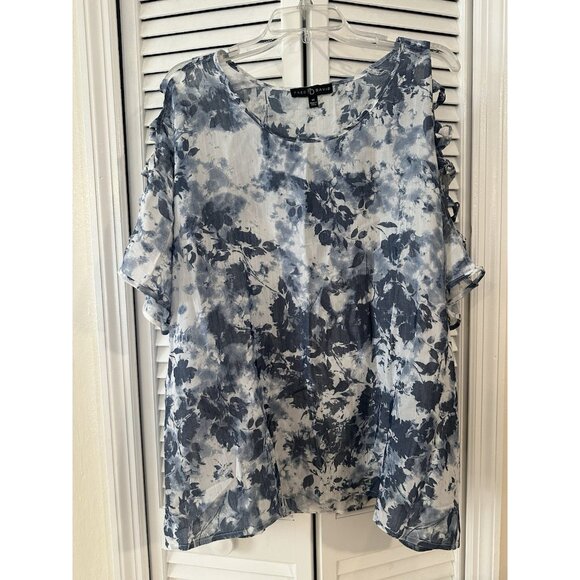 Fred David Shirt Womens SZ 3X Blue Floral Print Short Sleeve Boho Casual Top - Picture 1 of 7